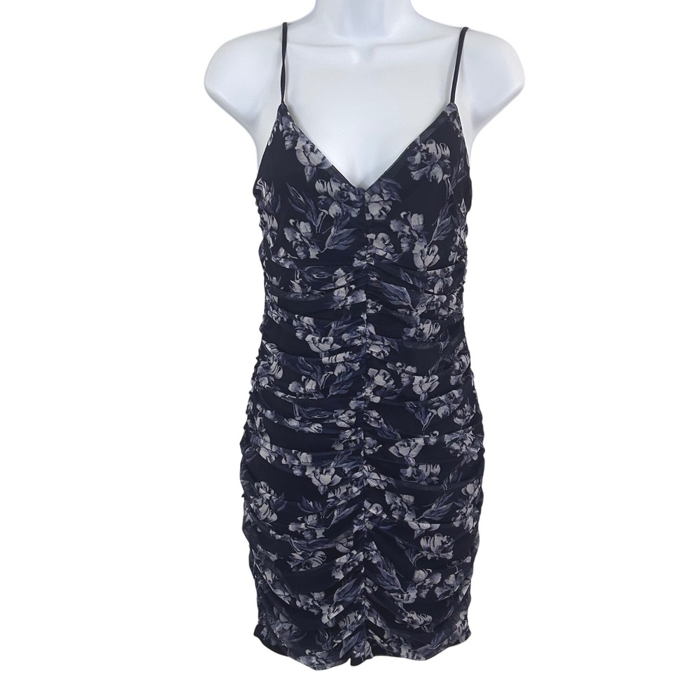 NWOT Lovesome Navy Blue Floral Mesh Ruched Bodycon Mini Dress Women's L KY Derby